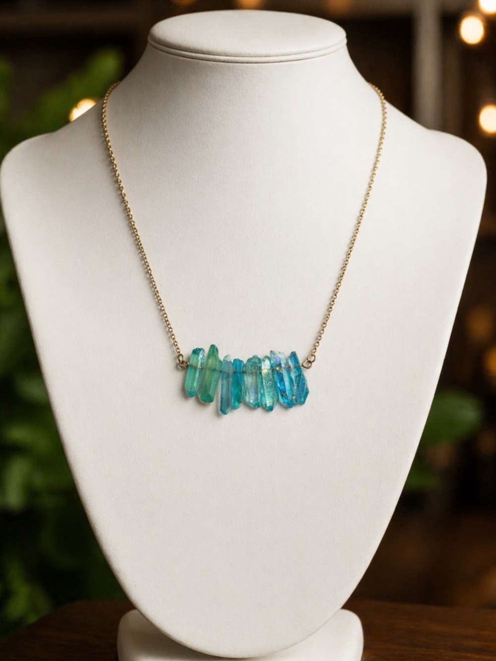 Gold Chain Necklace with Aqua Blue Crystals